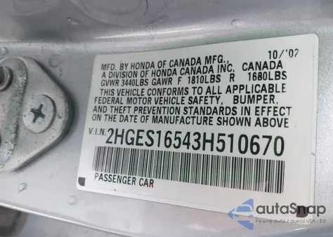 2003 Honda Civic Lx z USA, uszkodzony, nr VIN 2HGES16543H510670